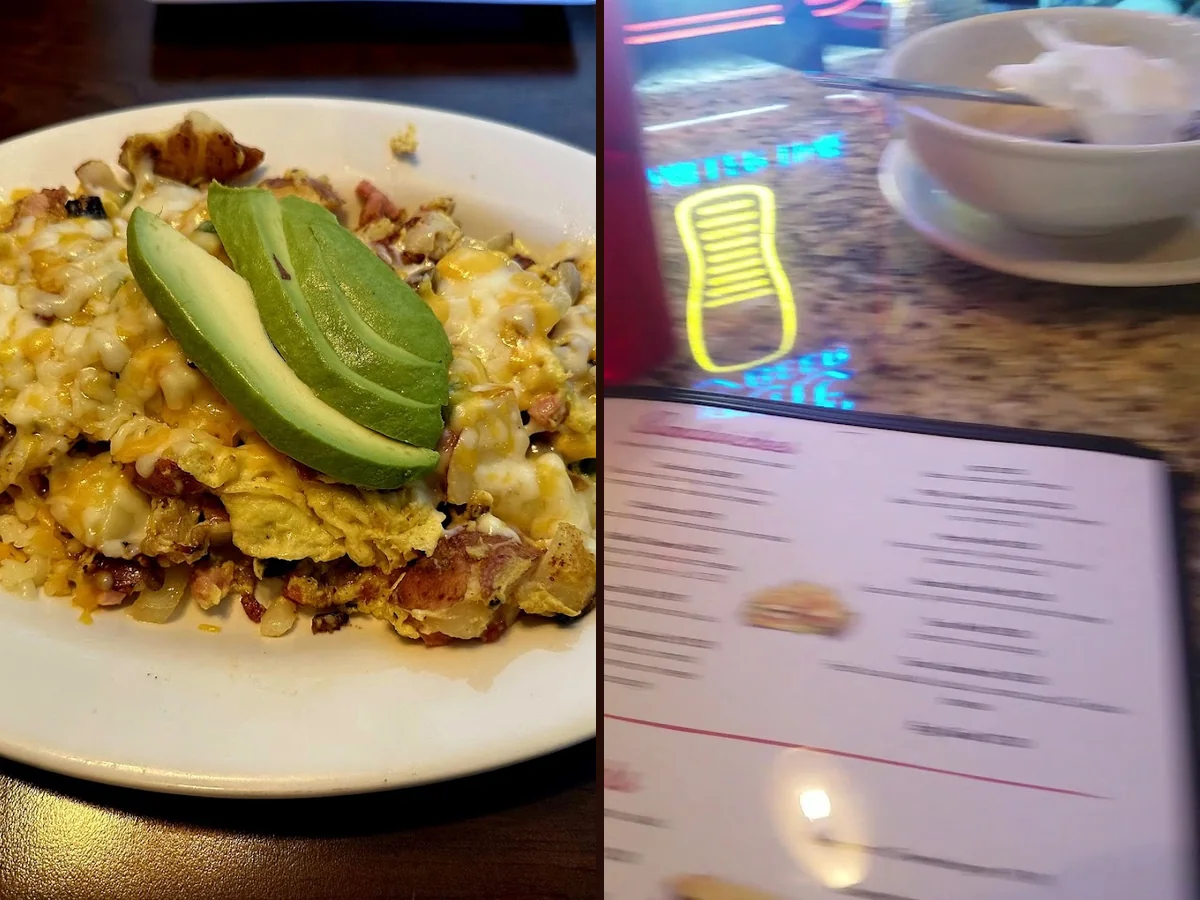 Casual cafe tables with simple breakfast plates.