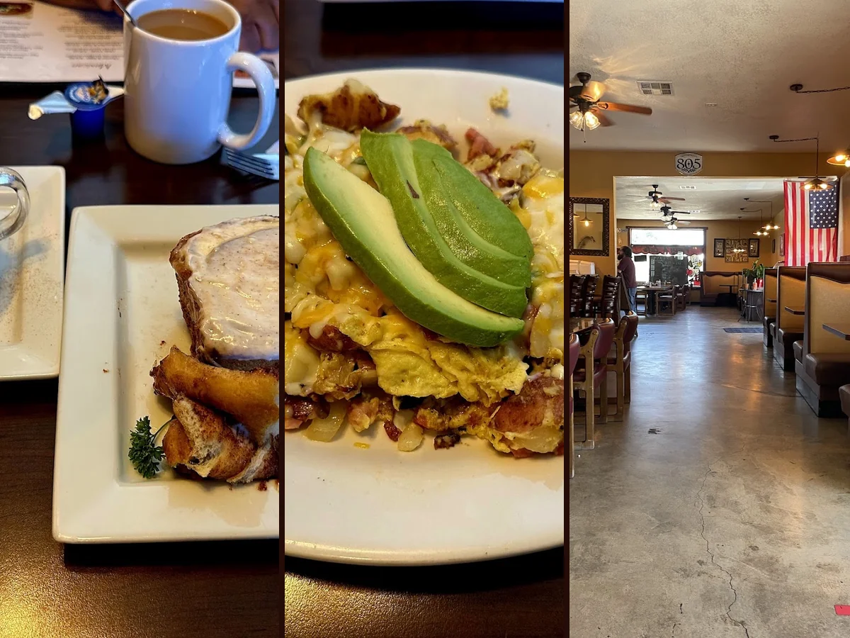 Casual cafe tables with simple breakfast plates.
