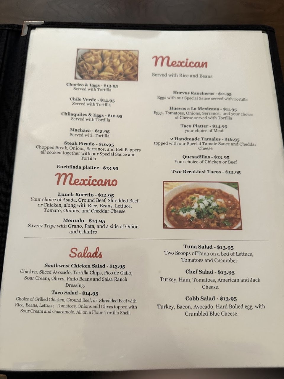 Menu page listing eggs, hash browns, and coffee.